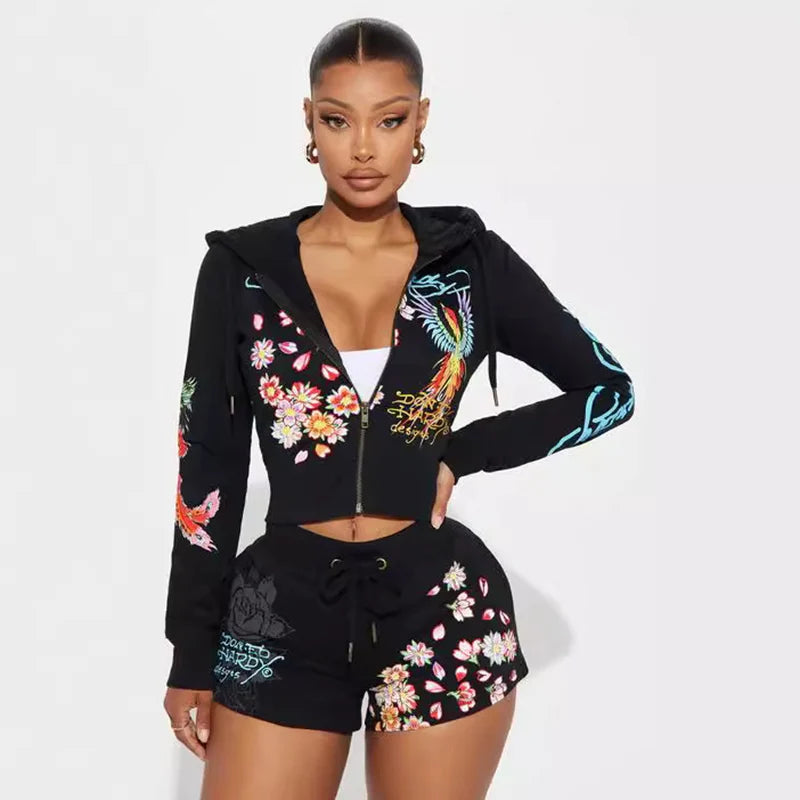Fashionable Casual Versatile Shorts Set Hooded Long Sleeved Zipper