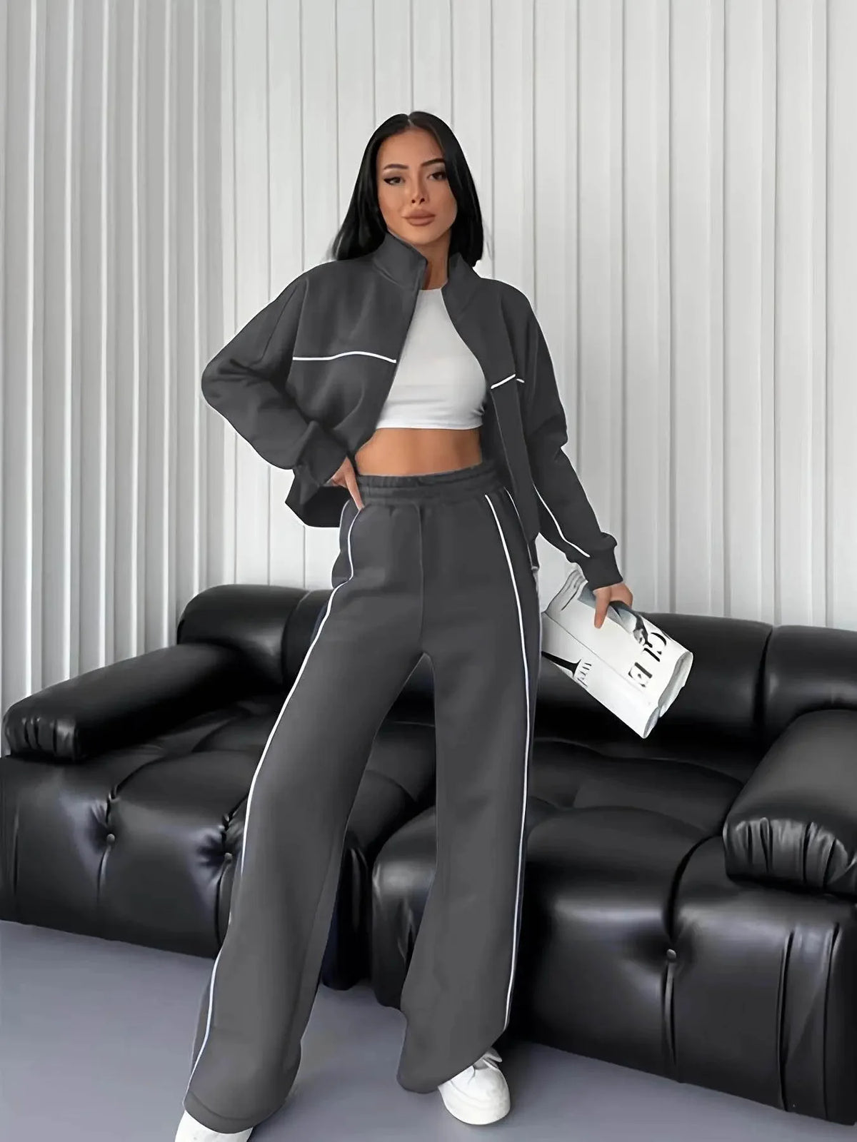 Women Long Sleeve Sweatshirt Elastic Waist Pants 2 Piece Set