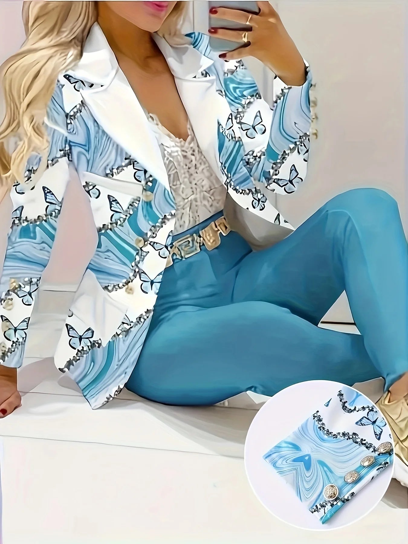 Ladies Elegant Butterfly Print Two-Piece Set