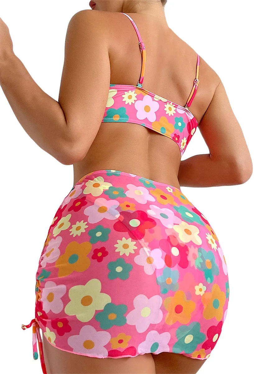 Women 3pcs Swimsuit Set Floral Sleeveless