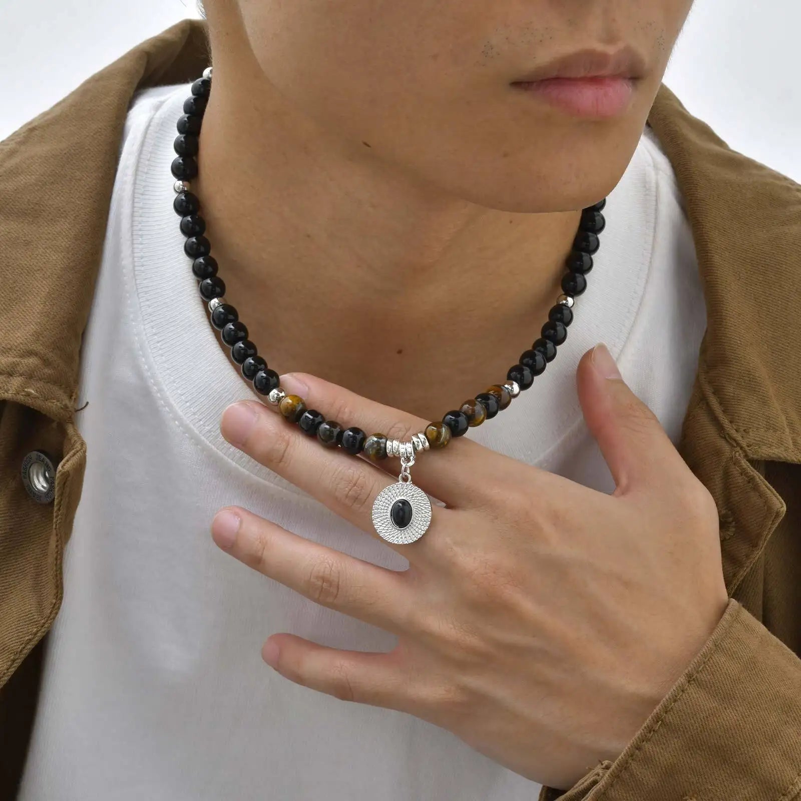 Black Agate Tiger Eye Stone Bead Necklace