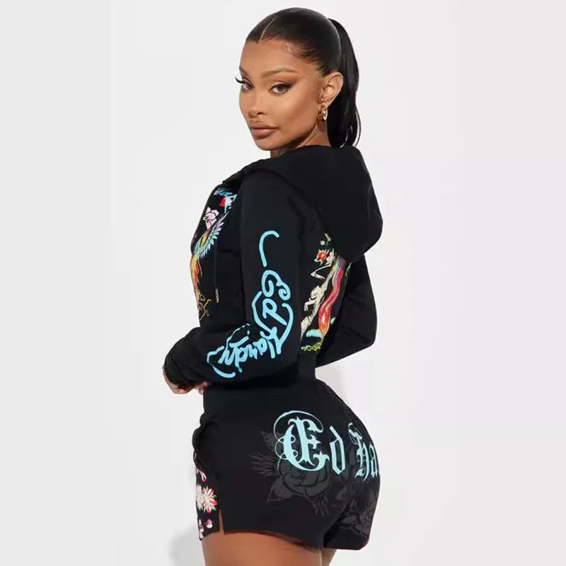 Fashionable Casual Versatile Shorts Set Hooded Long Sleeved Zipper