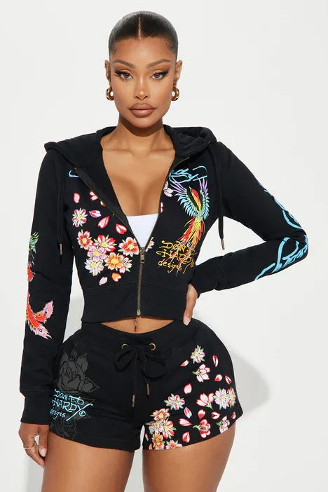 Fashionable Casual Versatile Shorts Set Hooded Long Sleeved Zipper