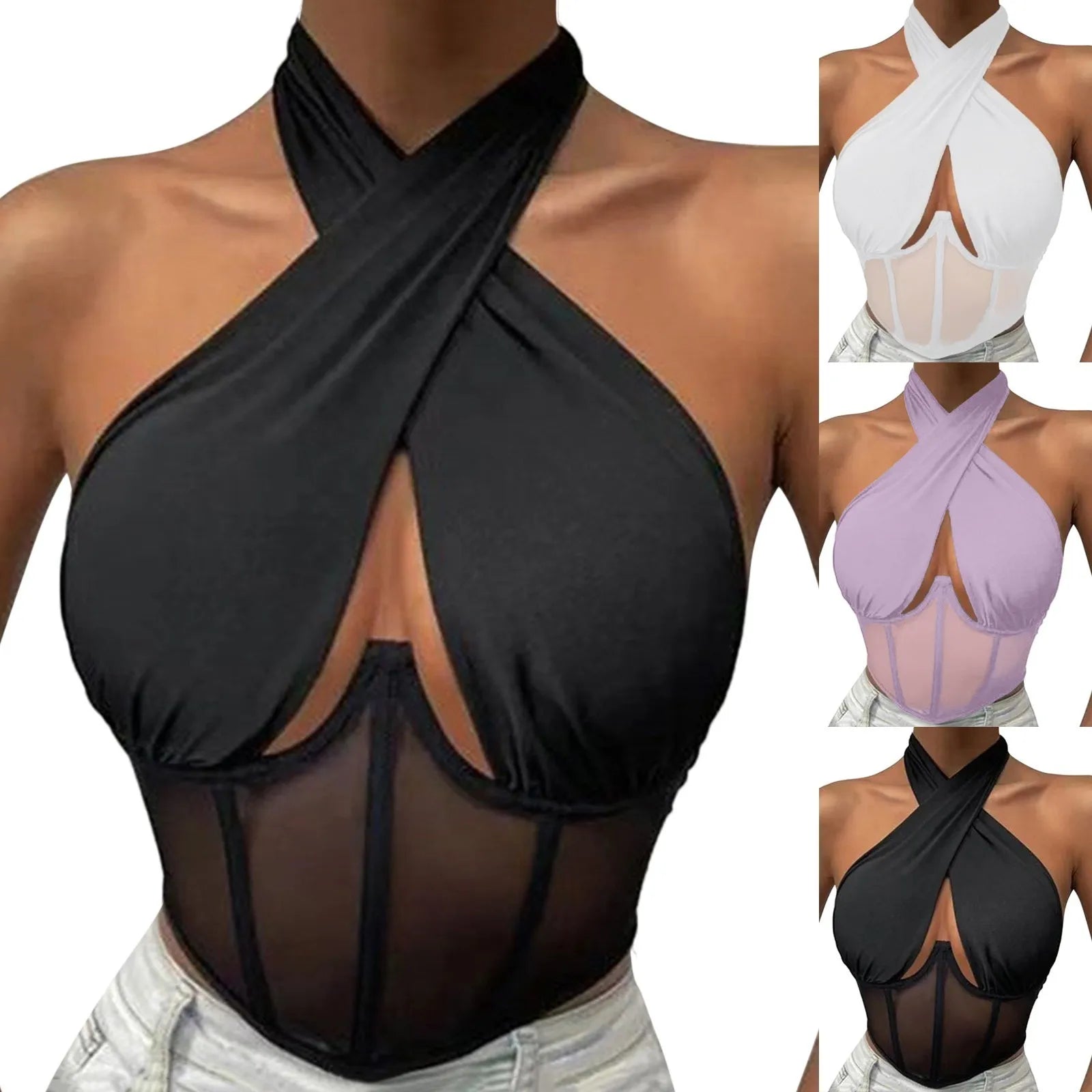 Sexy Cotton Stretch Tops For Women Cross Halter Sleeveless Blouses