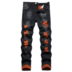 Men's Orange Distressed Long Pants
