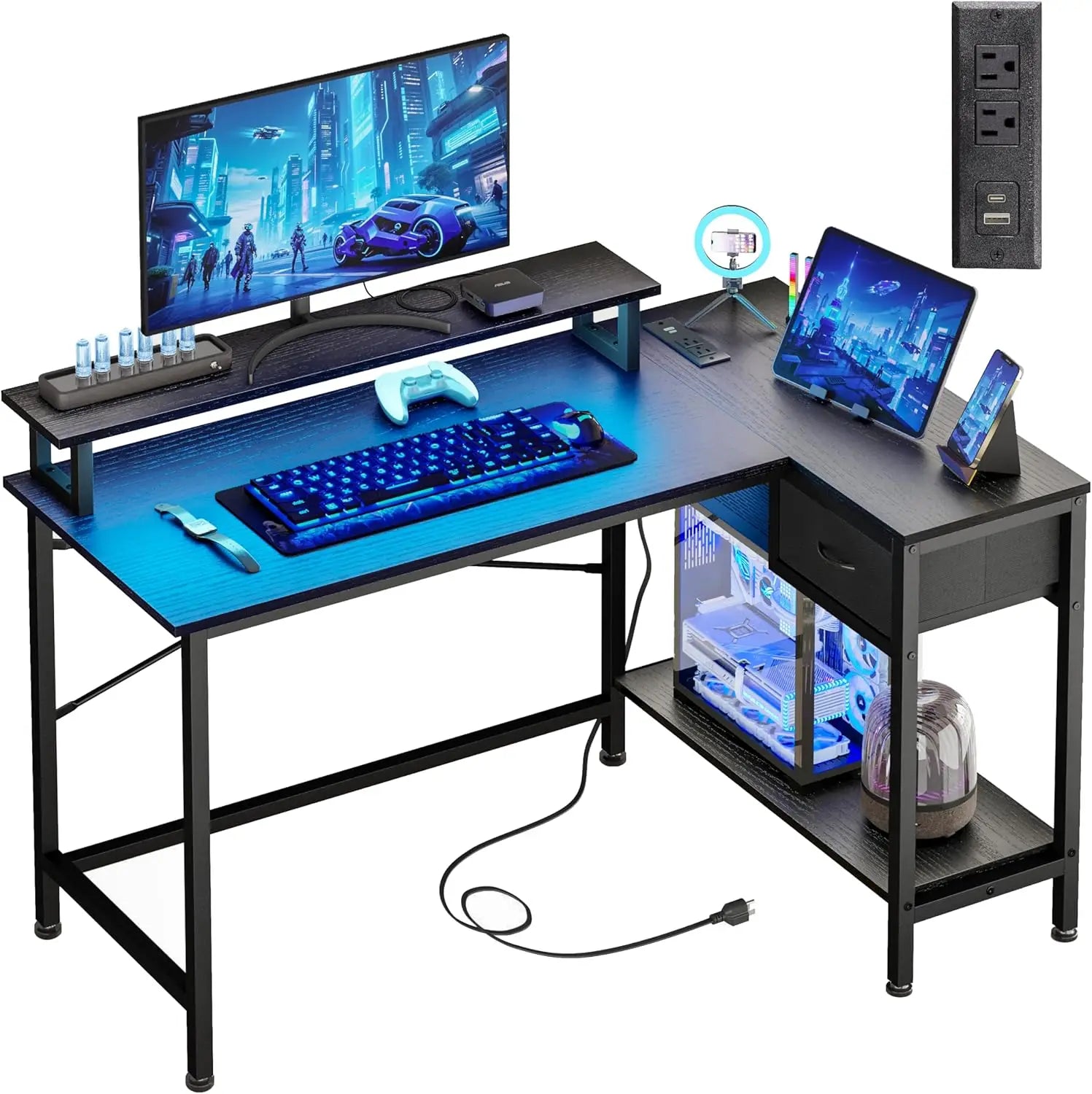 Small Corner Computer Desk with Power Outlets and LED Lights, PC Desk