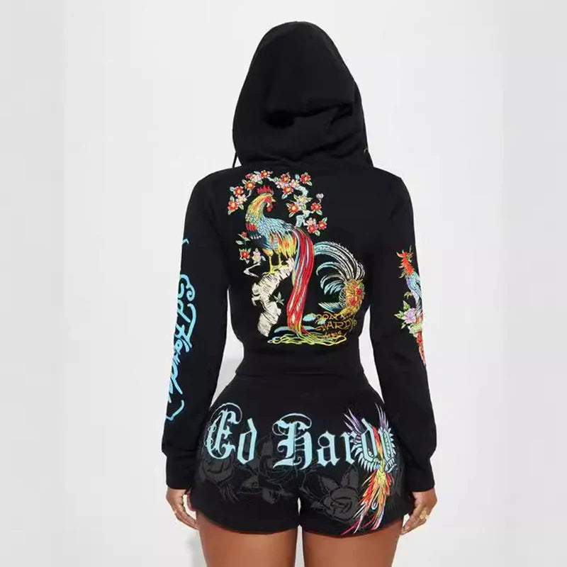Fashionable Casual Versatile Shorts Set Hooded Long Sleeved Zipper
