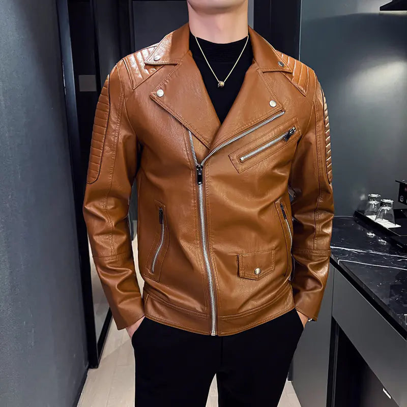 Modern Men's Winter Leather Jacket with Zip Pockets