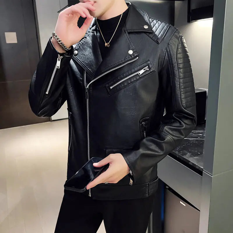 Modern Men's Winter Leather Jacket with Zip Pockets
