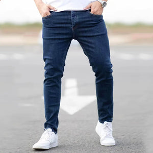 Men Black Blue Pants Pure Color Stretch