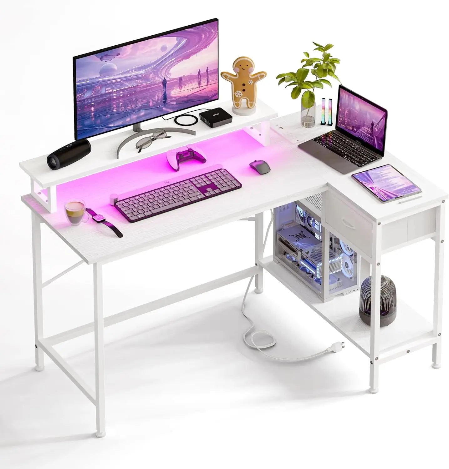 Small Corner Computer Desk with Power Outlets and LED Lights, PC Desk