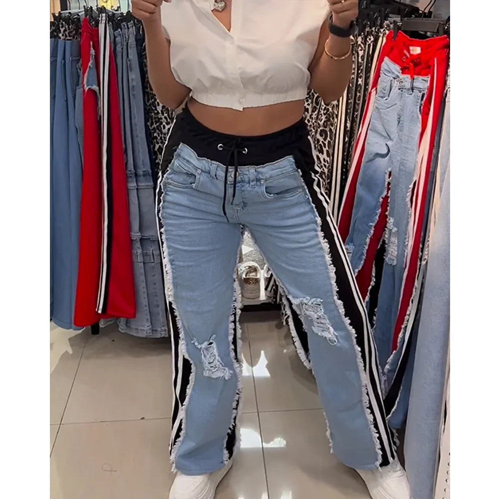 Women Pants Streetwear Wide Leg Long Stretch Denim Jeans