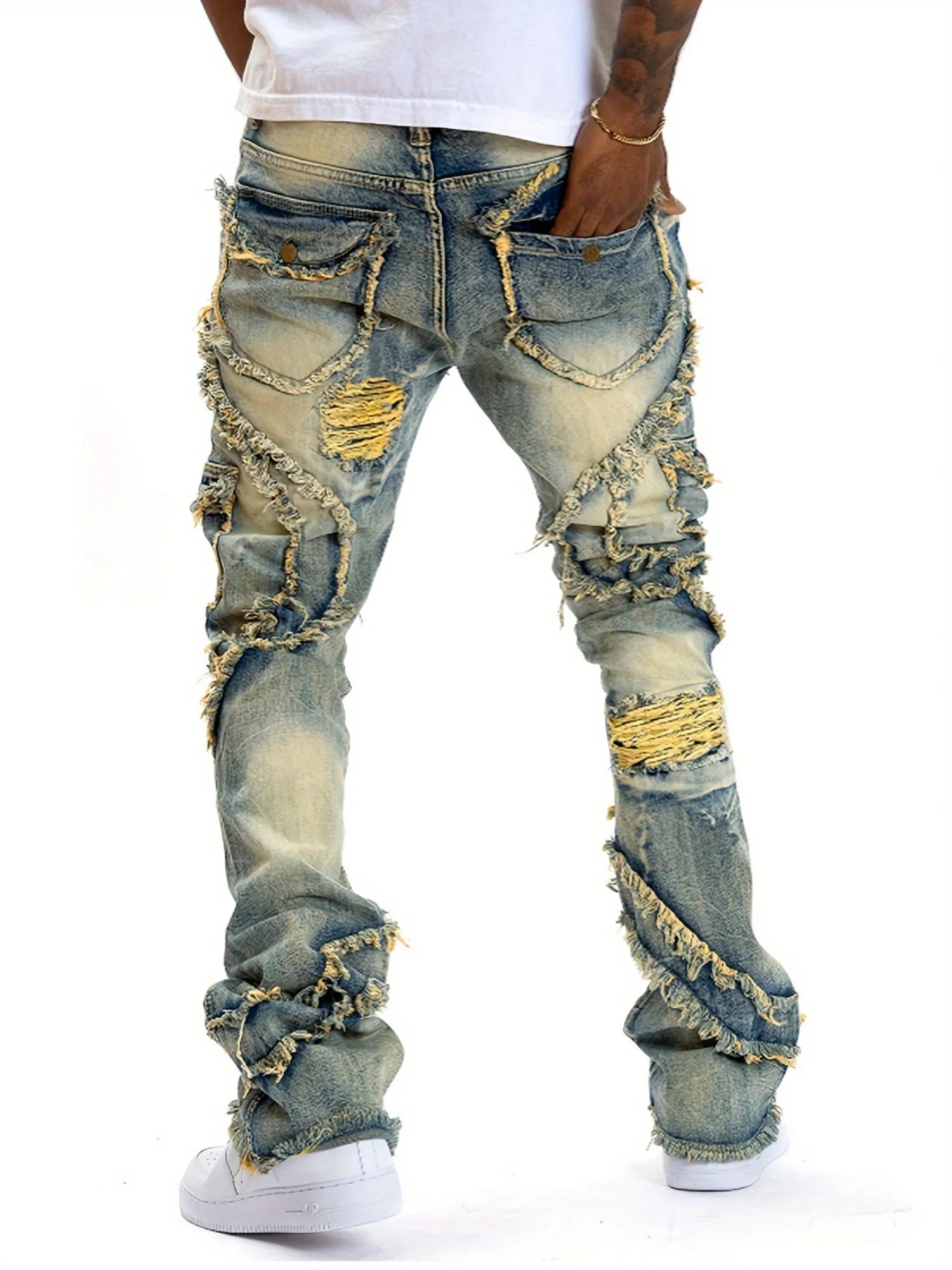 Men Ripped Stretch Jeans With Fringe The Best Choice For Fashion Wear