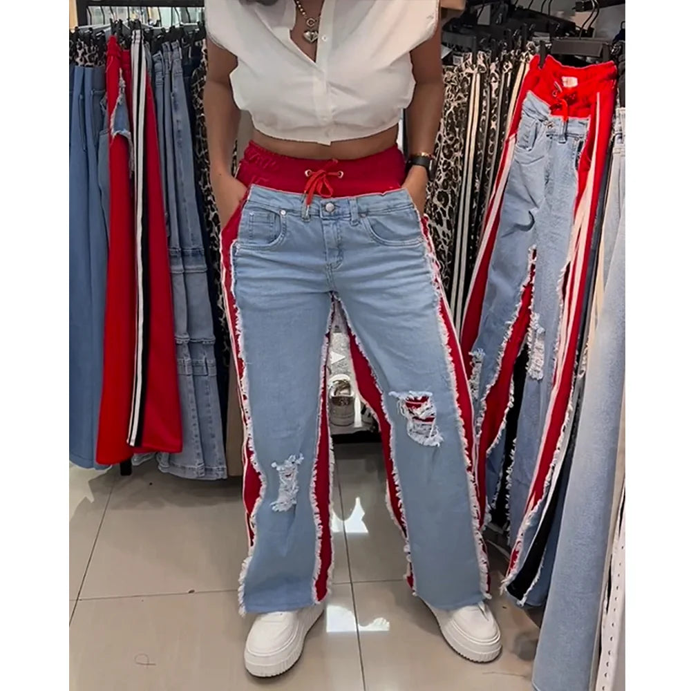 Women Pants Streetwear Wide Leg Long Stretch Denim Jeans
