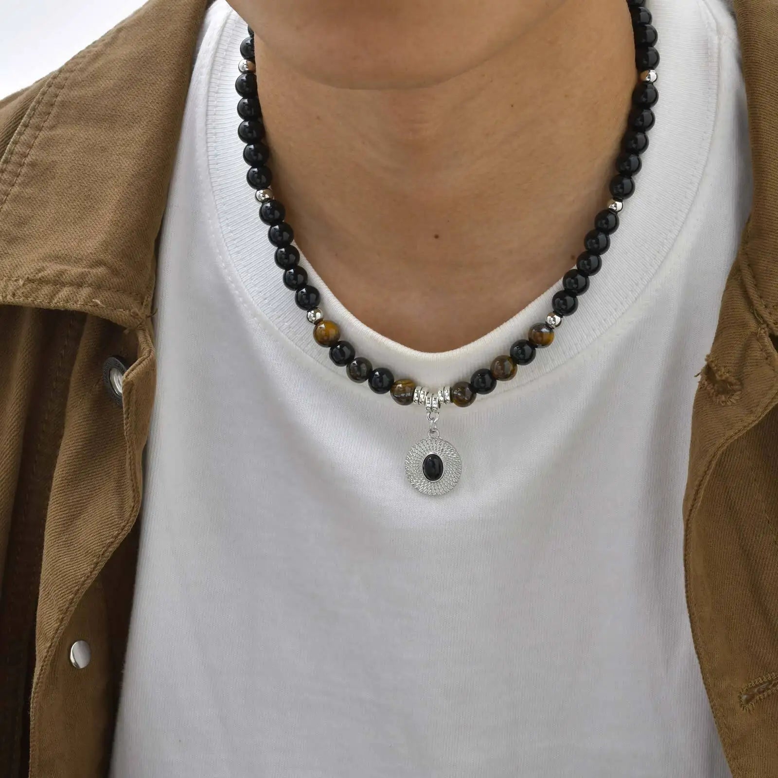Black Agate Tiger Eye Stone Bead Necklace