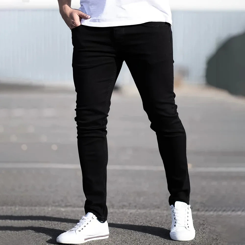 Men Black Blue Pants Pure Color Stretch