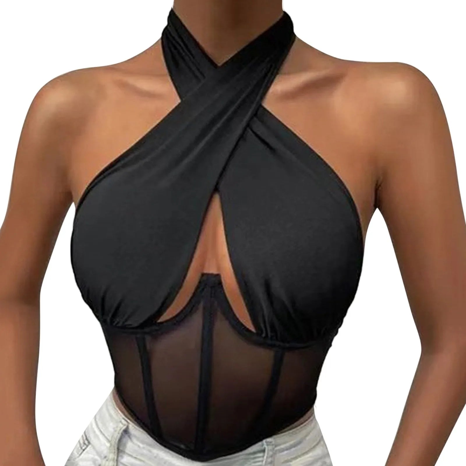 Sexy Cotton Stretch Tops For Women Cross Halter Sleeveless Blouses