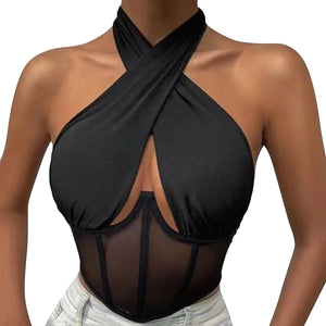 Sexy Cotton Stretch Tops For Women Cross Halter Sleeveless Blouses