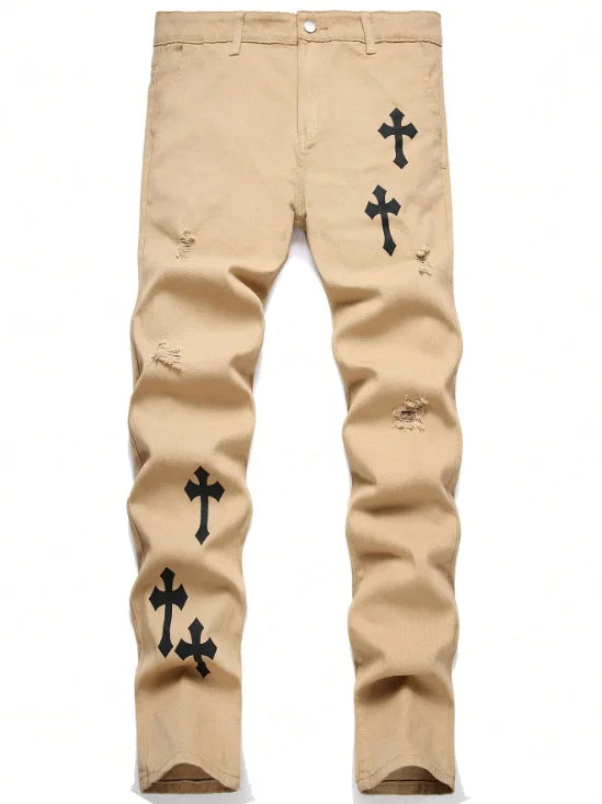 Men's Cross Print Straight Leg Men's Jeans