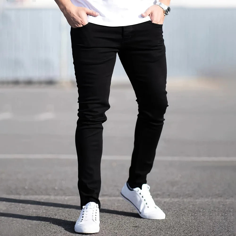 Men Black Blue Pants Pure Color Stretch