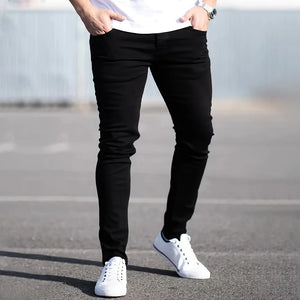 Men Black Blue Pants Pure Color Stretch